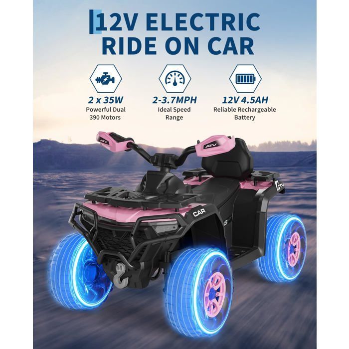 Voiture 4x4 Quad Buggy électrique Enfant, 12 V 6 Km/h Max, Suspension, Phare LED, Bluetooth, Musique, Rose