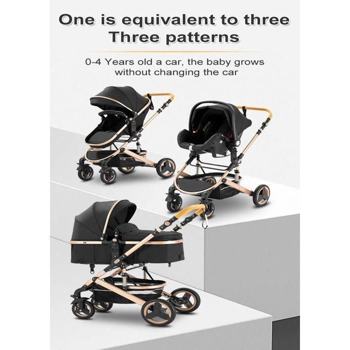 BAZARLAND30.Poussette 3 en 1 Bébé Combinée Siège-Auto Nacelle Trio Réversible Réglable Haute Qualité Roues increvables Canne rouge