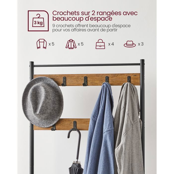 Appendiabiti con scarpiera integrata VASAGLE, mobile da ingresso con panca, 3 in 1, struttura in acciaio, 32 x 70 x 177 cm, marrone e nero