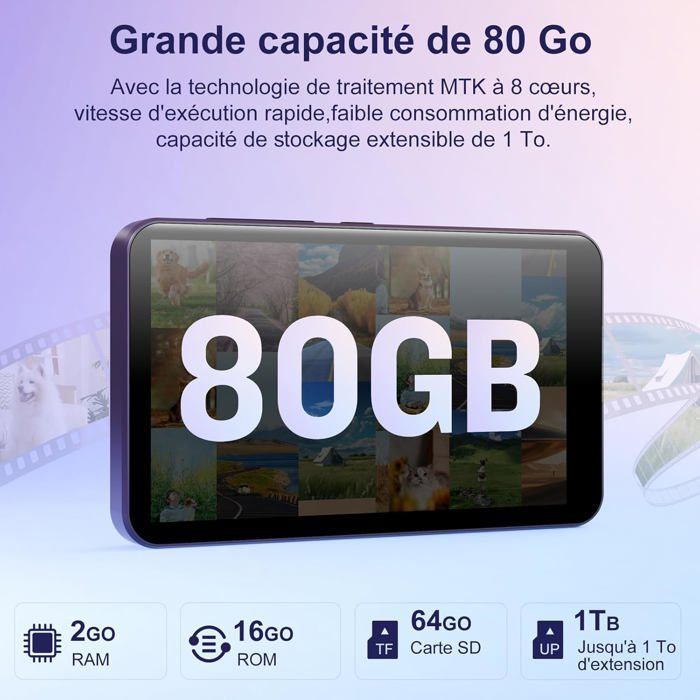Lecteur MP3 80GB avec WiFi Bluetooth - écran Tactile IPS 4 Pouces, Lecteur de Musique pour Enfants, Lecteur MP4 Android avec Spotify