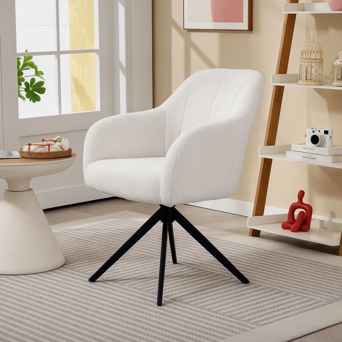 Fauteuil de salon - HOMCOM - pivotant - capitonné - grand confort - piètement en acier et tissu effet polaire teddy - blanc