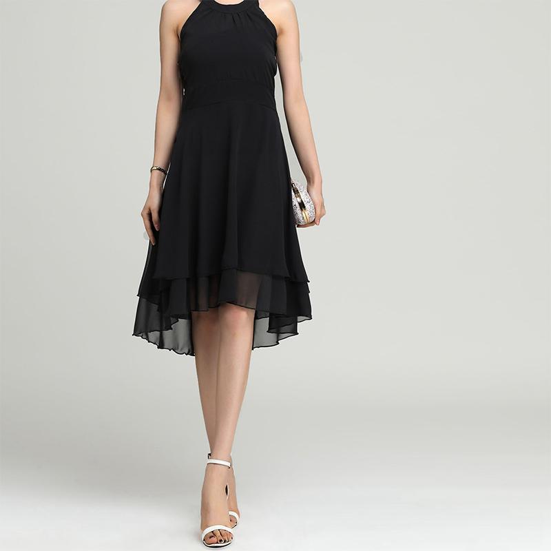 Abito estivo da donna 2020, taglie forti, vita alta, sexy, in chiffon, abito midi elegante a tinta unita senza maniche, linea ad A.