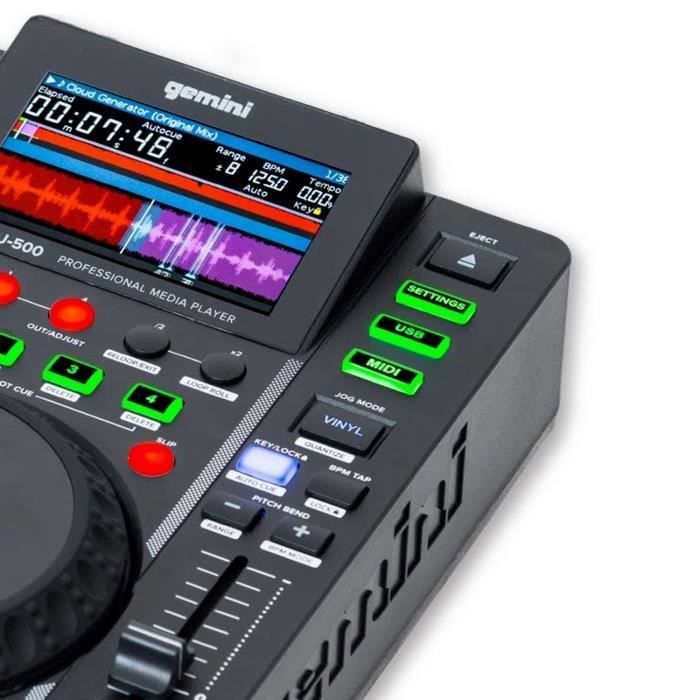 Professionele Gemini MDJ-500 LCD-mediaspeler met dubbele decks, USB-, MP3- en MIDI-modus.