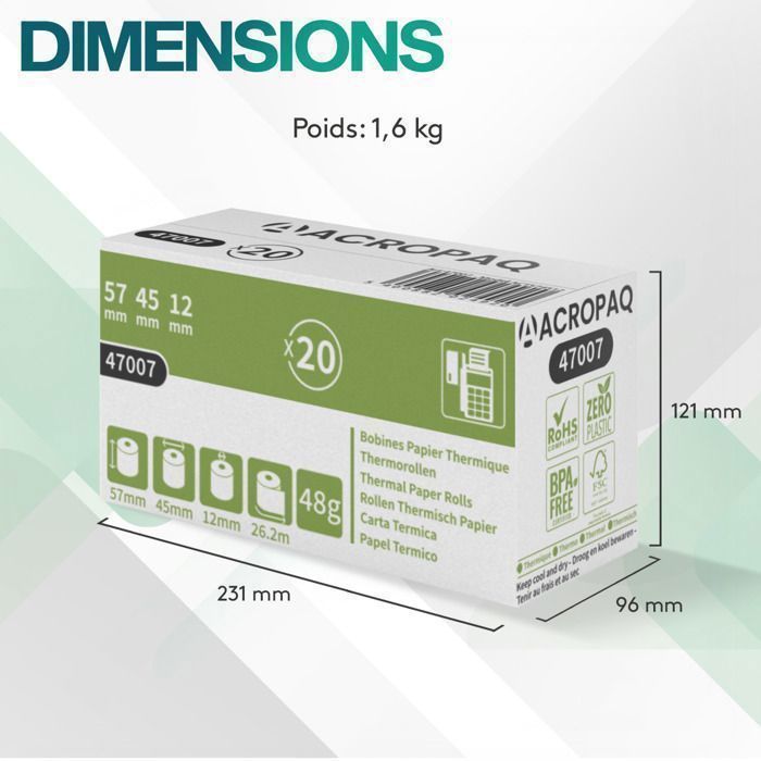 ACROPAQ 20 rollos térmicos para terminales de pago 57x45x8mm - 26,2m - 20 rollos EFT - Sin BPA - Tamaño universal