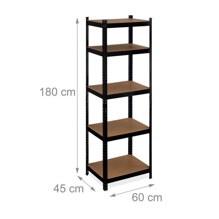 Estantería de alta resistencia Relaxdays, 180 x 60 x 45 cm (alto x ancho x profundidad), soporta hasta 500 kg, 5 niveles, ideal para sótano, garaje o trastero, fabricada en acero negro.