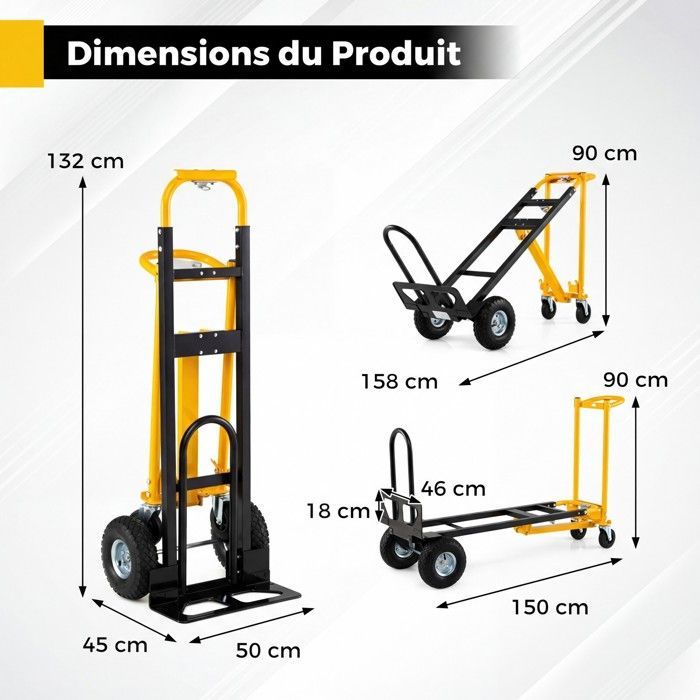 Carretilla metálica plegable 3 en 1 COSTWAY - 4 ruedas - Mango ergonómico, base extensible - 136 kg - Almacén, hogar