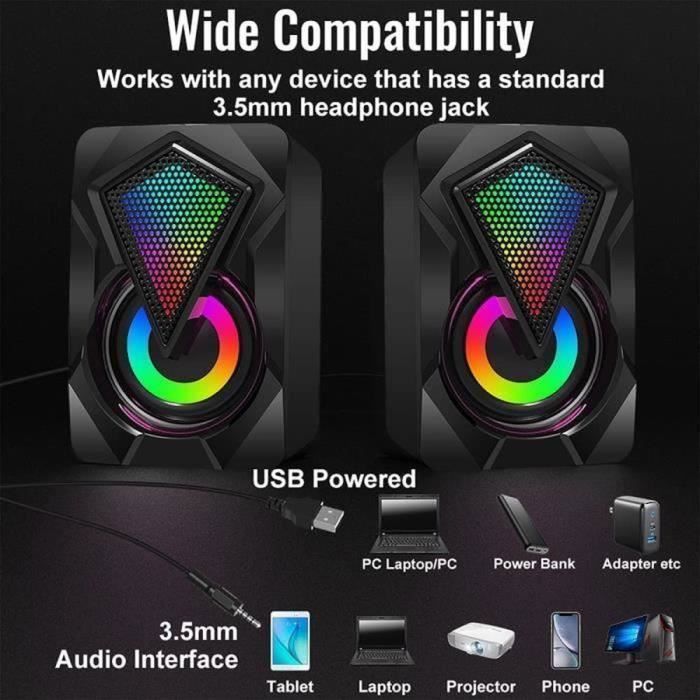 Enceinte PC Gamer, Haut-Parleurs pour Ordinateurs 3W USB 2.0  Noir RGB