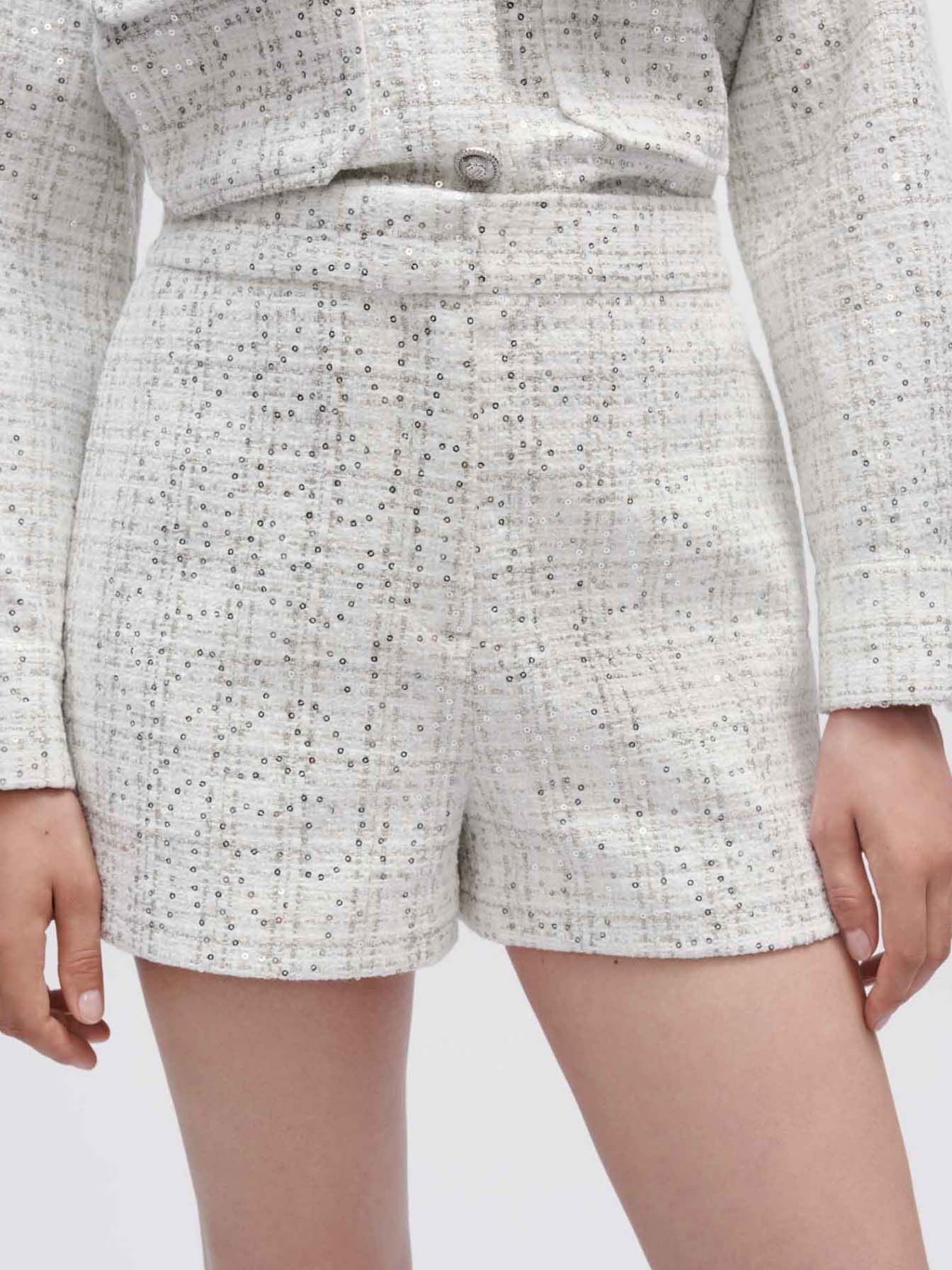 Pantaloni scurți din tweed brut cu paiete - Alb