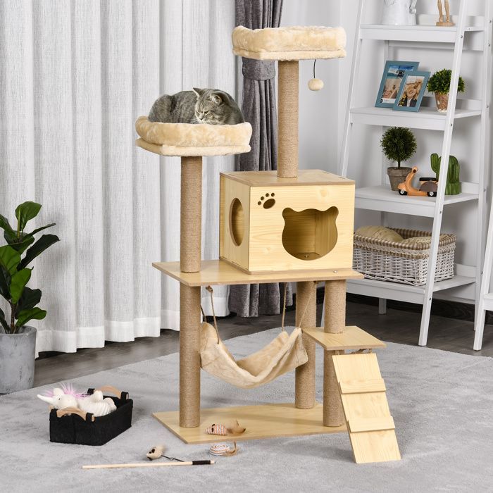 Árbol rascador de diseño para gatos - PawHut - estilo contemporáneo con postes rascadores de sisal, cueva para gatos, plataformas, hamaca y bola - madera - beige