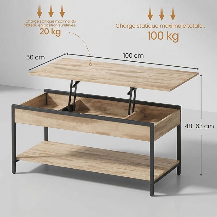 Mesa de centro con tapa elevable, almacenamiento oculto y abierto, mueble de salón, 100 x 50 cm, marrón camel y negro.
