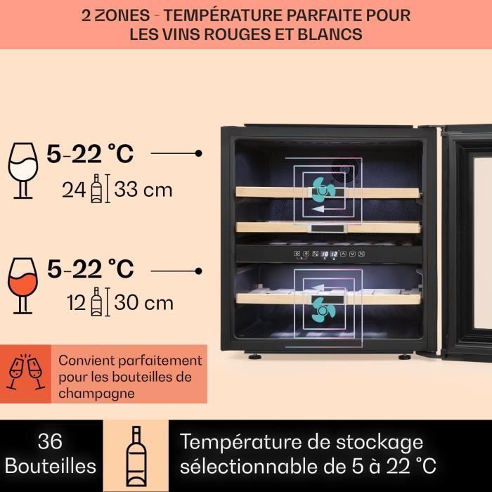 Cave à vin - Klarstein - 94 L - 36 bouteilles - Armoire à vin - 2 zones - Écran led - Cave à vin encastrable - Porte vitrée