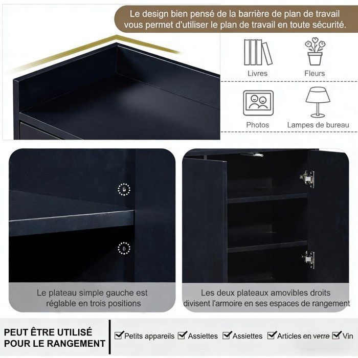 Buffet avec Placard 4 Portes-étagères réglables-Buffet Bas-Pieds en métal doré-Buffet Moderne-120x30x80 cm-Noir-pour Salon,Cuisine
