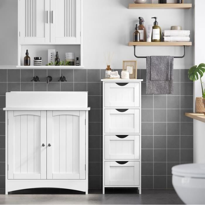 Mobiletto da bagno VASAGLE, 4 cassetti, 30 x 30 x 82 cm, mobiletto basso per il bagno, bianco