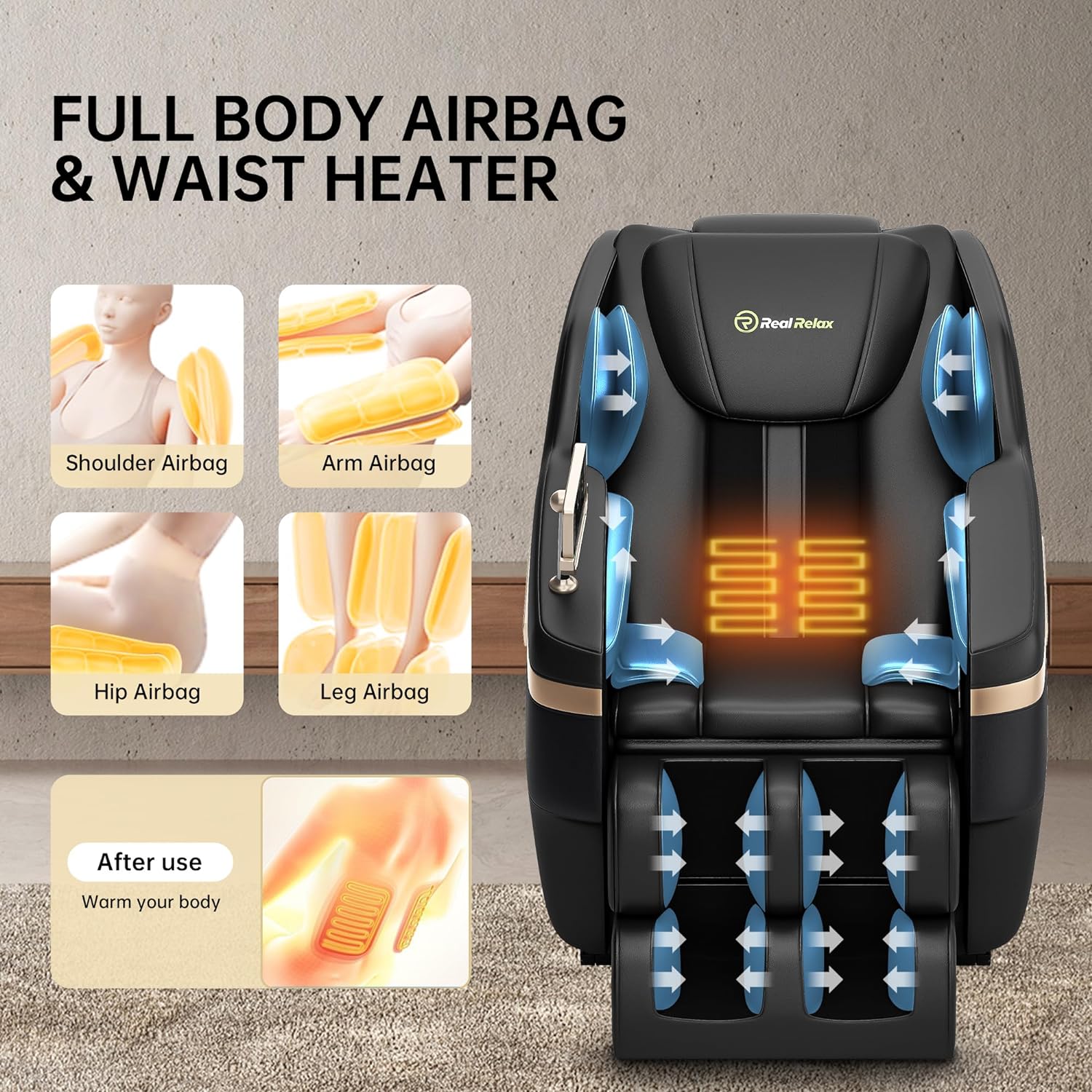 Masážní křeslo Real Relax 2024, masáž celého těla, režim nulové gravitace, s masáží chodidel, Bluetooth, LCD, vyhřívání pasu, černé