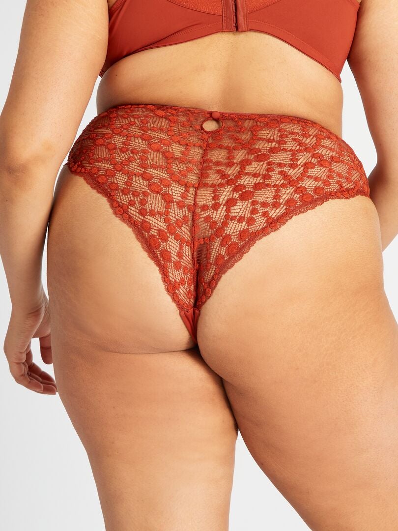 Calcinha fio dental de renda estampada - LARANJA