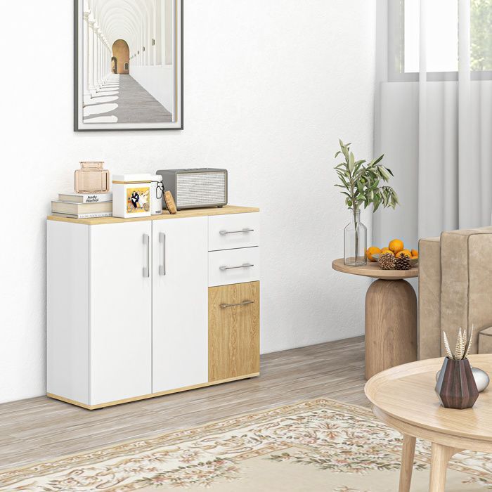 Buffet - HOMCOM - 3 portes, 2 tiroirs et étagère réglable - panneau de particules - 90 x 30 x 75,5 cm - blanc et bois naturel