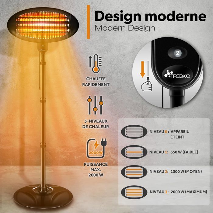 Riscaldatore a infrarossi TRESKO® da 2000 W | Riscaldatore elettrico radiante per esterni | Per interni ed esterni | 3 livelli di calore