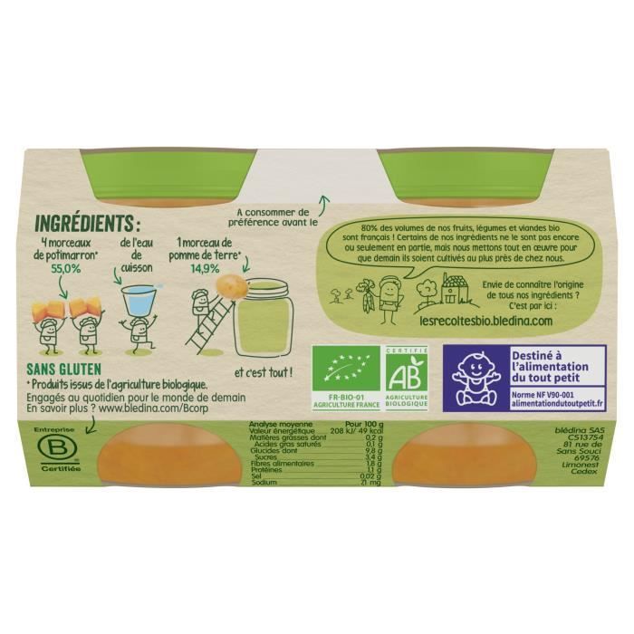 Blédina Organic Harvests, omogeneizzato biologico per neonati dai 4/6 mesi, gusto zucca, 2x130g