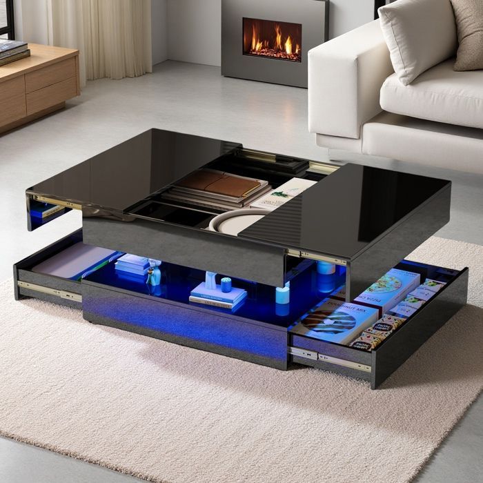 Table Basse - Moderne - Plateau Extensible - 2 Tiroirs - Éclairage LED - Noir