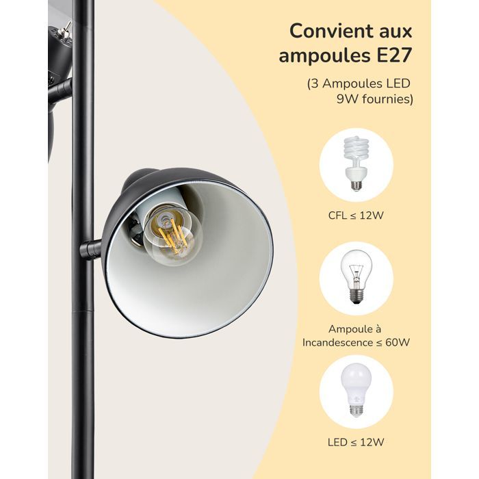 EDISHINE Floor Lamp for Living Room, 3 Adjustable Lights with Individual Switches, 3 E27 Bulbs Included, 163 cm, Black, Metal