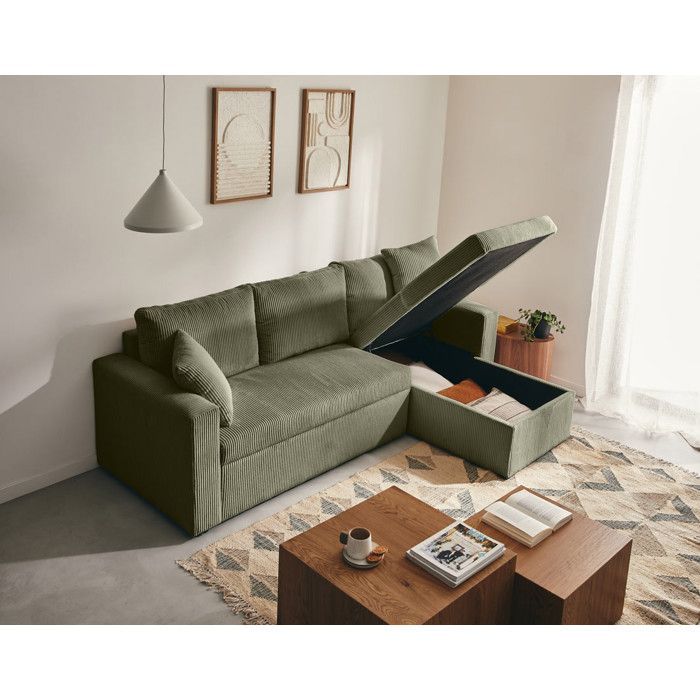 Cyrus – 4-Sitzer-Ecksofa mit Bettfunktion und Stauraum – in Cord – Grün