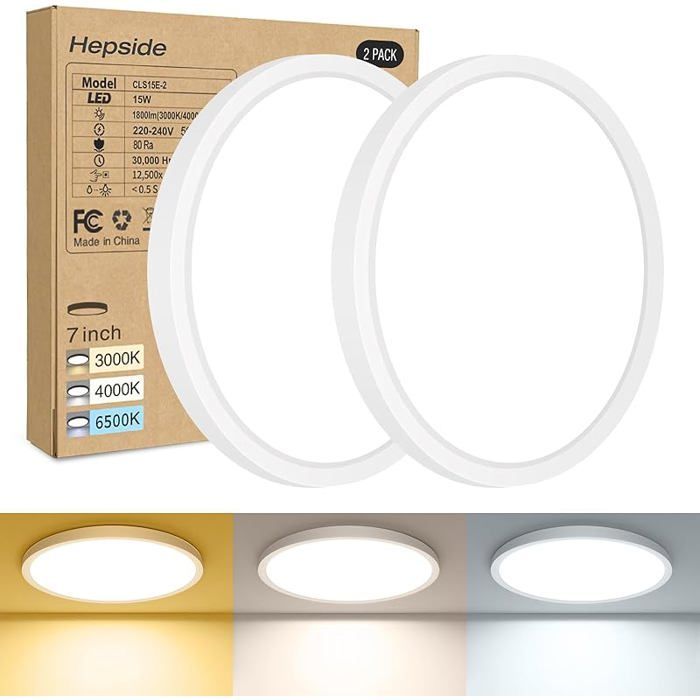 Lot de 2 Plafonnier LED Luminaire Salle de Bain 15W 3000K/4500K/6000K Sélectionnable Moderne Très mince éclairage de Blanc.