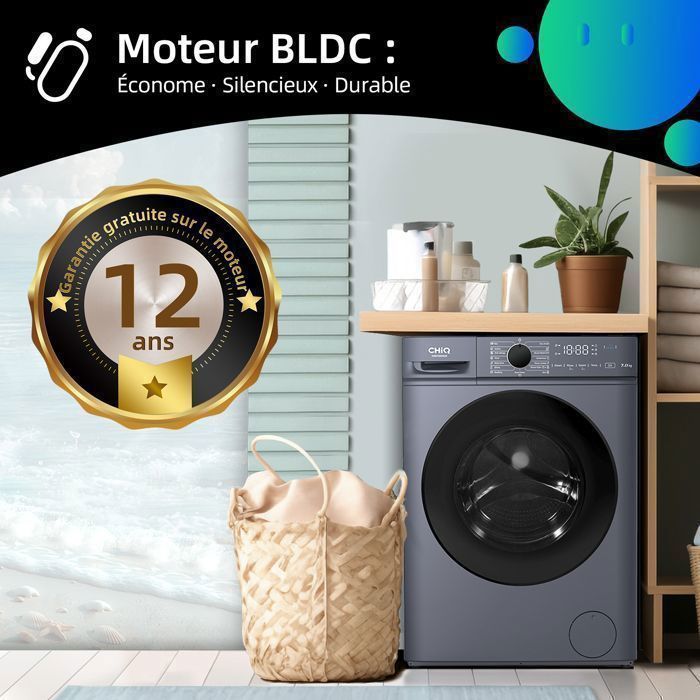 Lave-linge hublot - CHiQ - CW07123863AX - 7kg - Classe A - 1200 RPM - Lavage vapeur