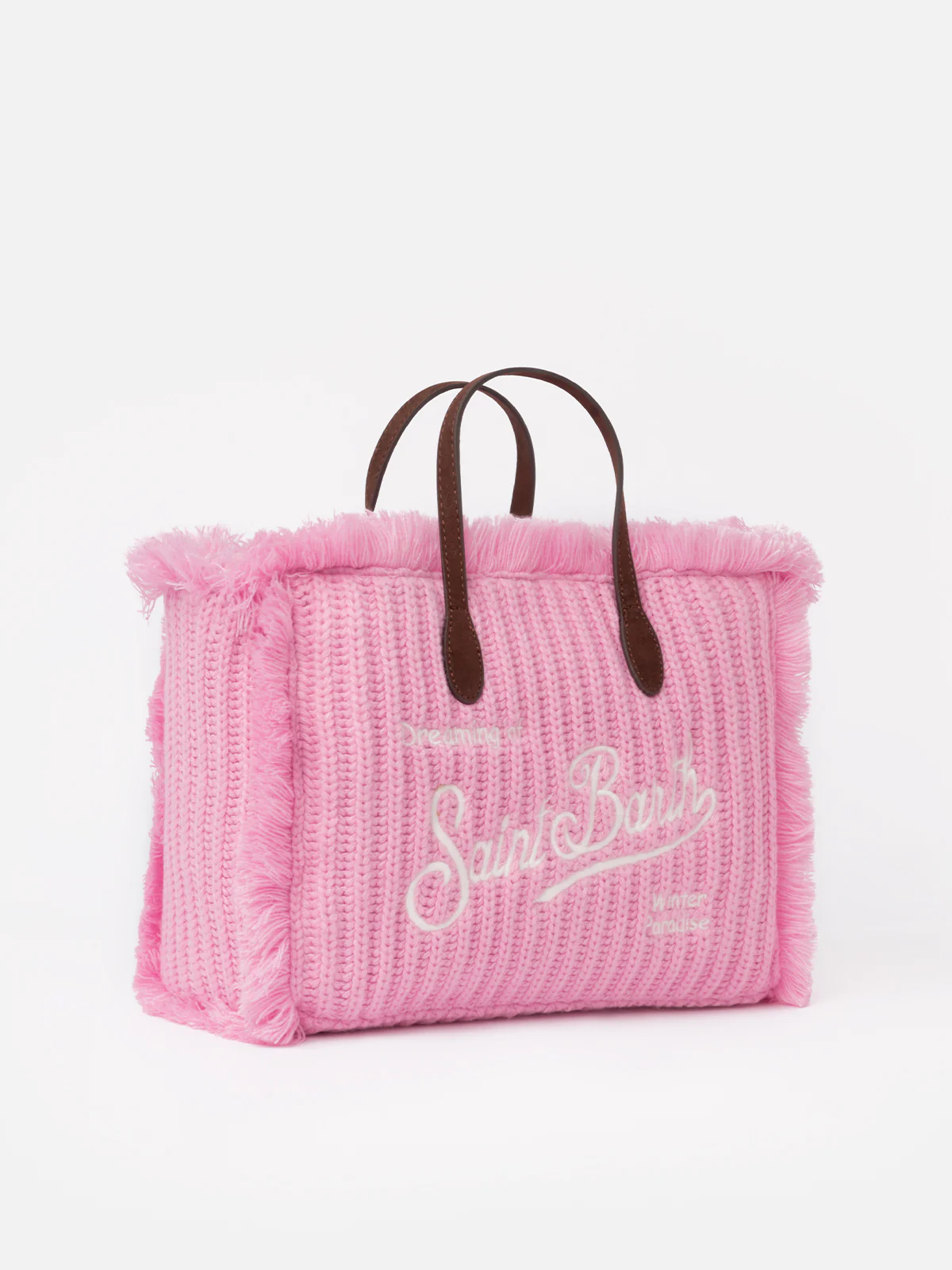 Colette fluwelen winterhandtas | Roze ribgebreid | Geborduurd logo | Binnenklep, rits en binnenvak | Afneembare schouderband | MC2 Saint Barth