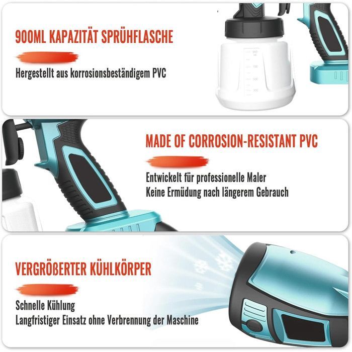 Pistolet Peinture Sans Fil HVLP 550W 1000ml Avec 2 Batteries Compatible Makita 18V Station Peinture Mur Auto Bois Clôture