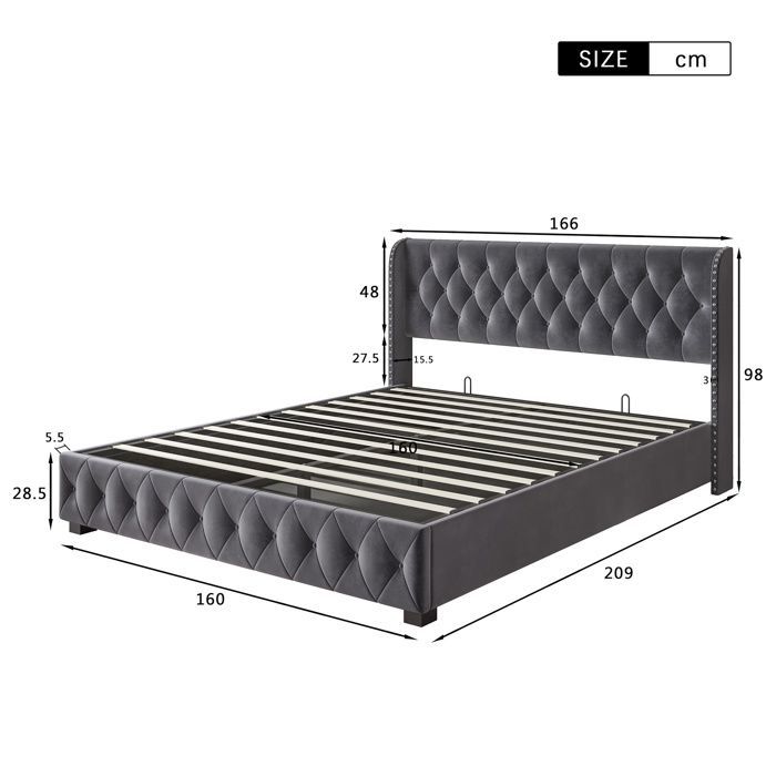 Letto 160x200 cm - Letto contenitore da 160 cm con rete a doghe - Testiera imbottita e borchiata - Eleganza e comfort - Velluto grigio antracite