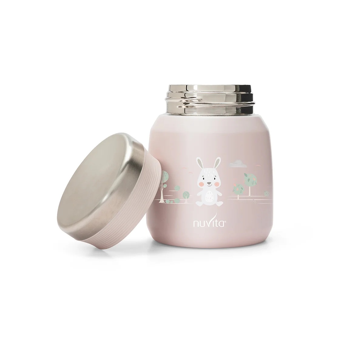 Garrafa térmica Nuvita em aço inoxidável para alimentos líquidos/sólidos, rosa, 300 ml, com fechamento hermético para papinhas e caldos de bebê.