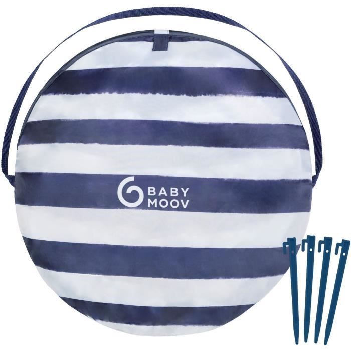 Tenda Babymoov con protezione UV SPF 50+ a righe e zanzariera integrata.