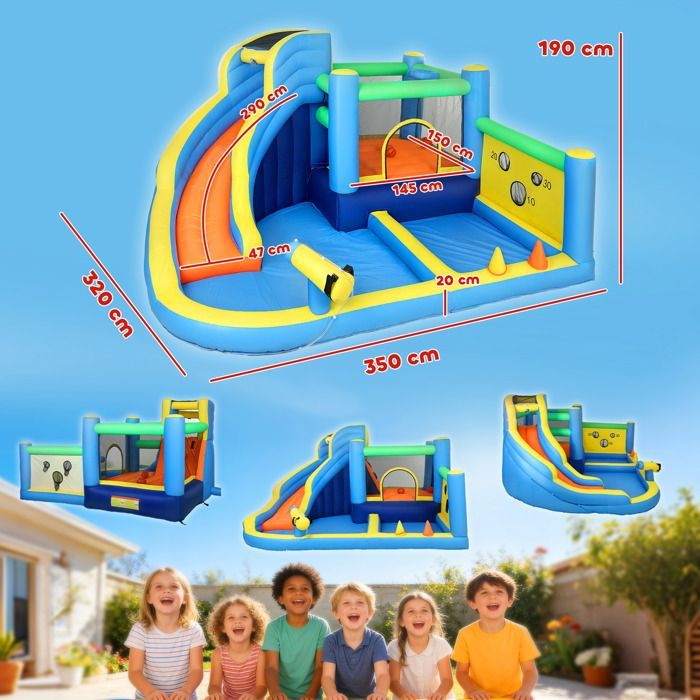 Château gonflable - AIYAPLAY - 8 en 1 - souffleur, toboggan, trampoline, piscine à balles - oxford - 350x320x190cm - multicolore