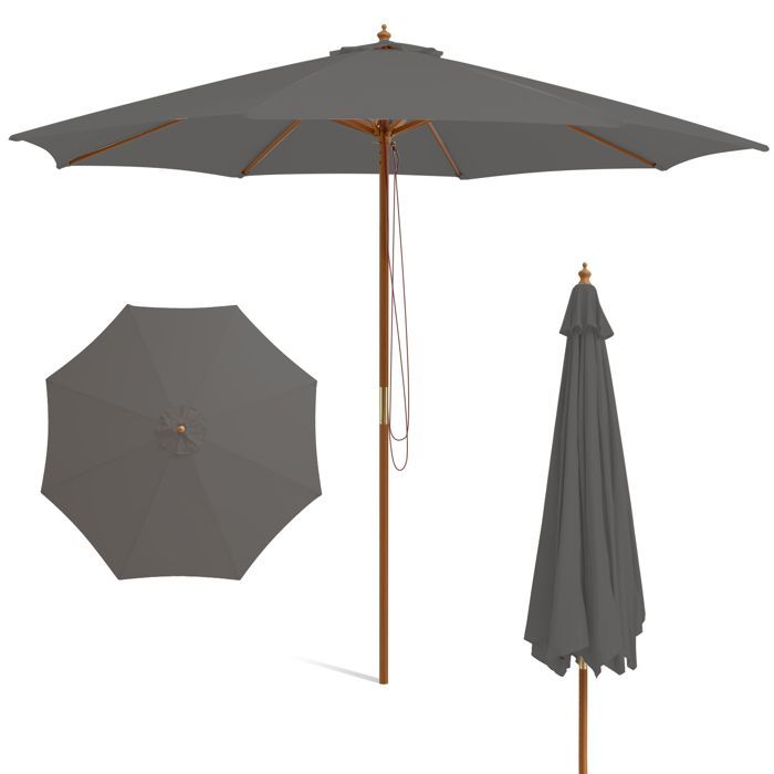 COSTWAY Parasol de Terrasse en Bois de 300 cm, avec 8 Baleines en Bambou, 3 Hauteurs Réglables, Poulie de Levage à Corde, Gris