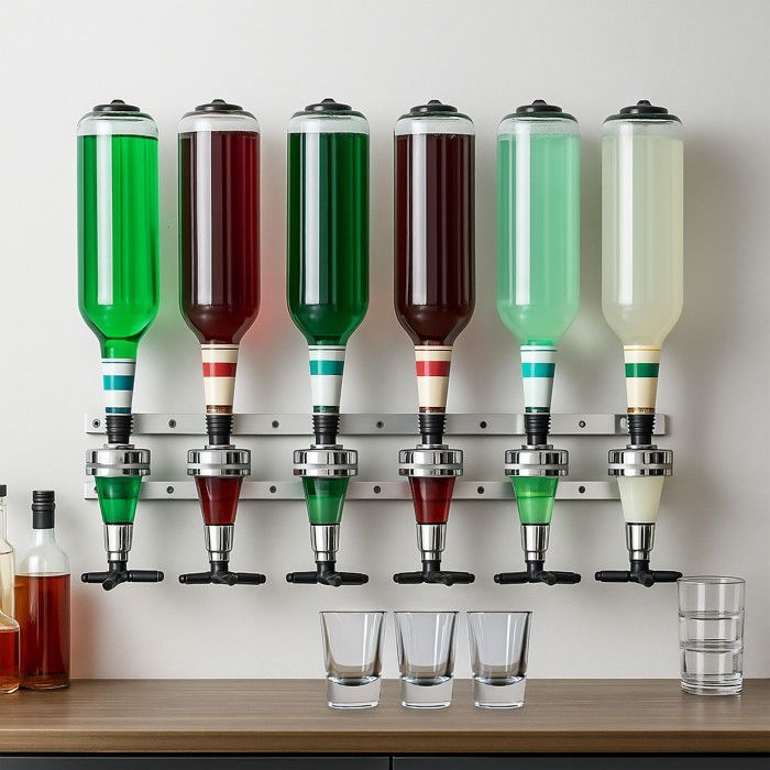 Relaxdays doseur bouteille, mural, dosage 3 cl pour 6 bouteilles, accessoire bar, H x L x P : 53 x 36 x 11 cm, argenté