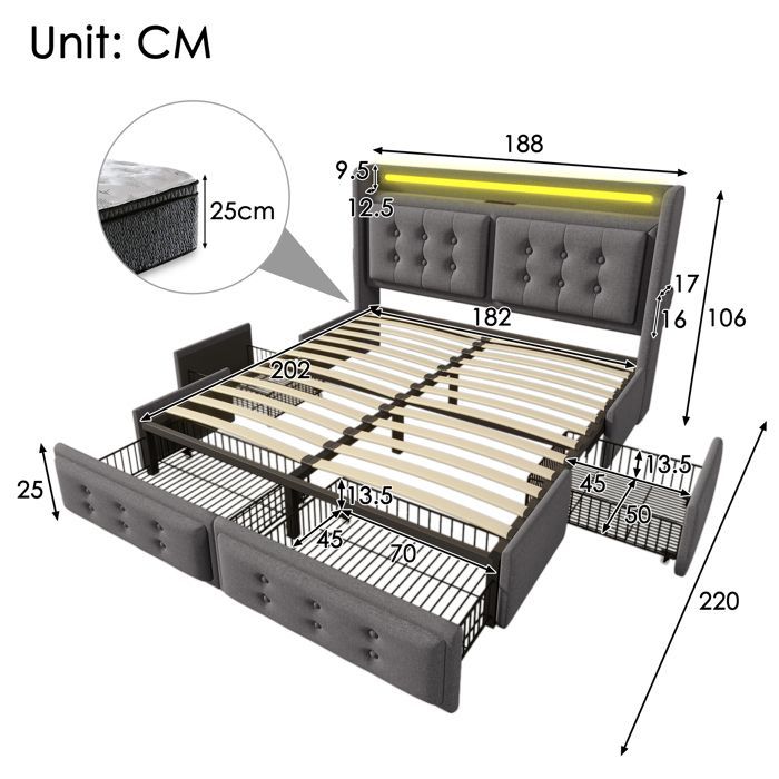 Lit adulte 180x200cm en tissu lin - avec LED et Ports de recharge - 4 tiroirs - avec sommier à lattes - Gris