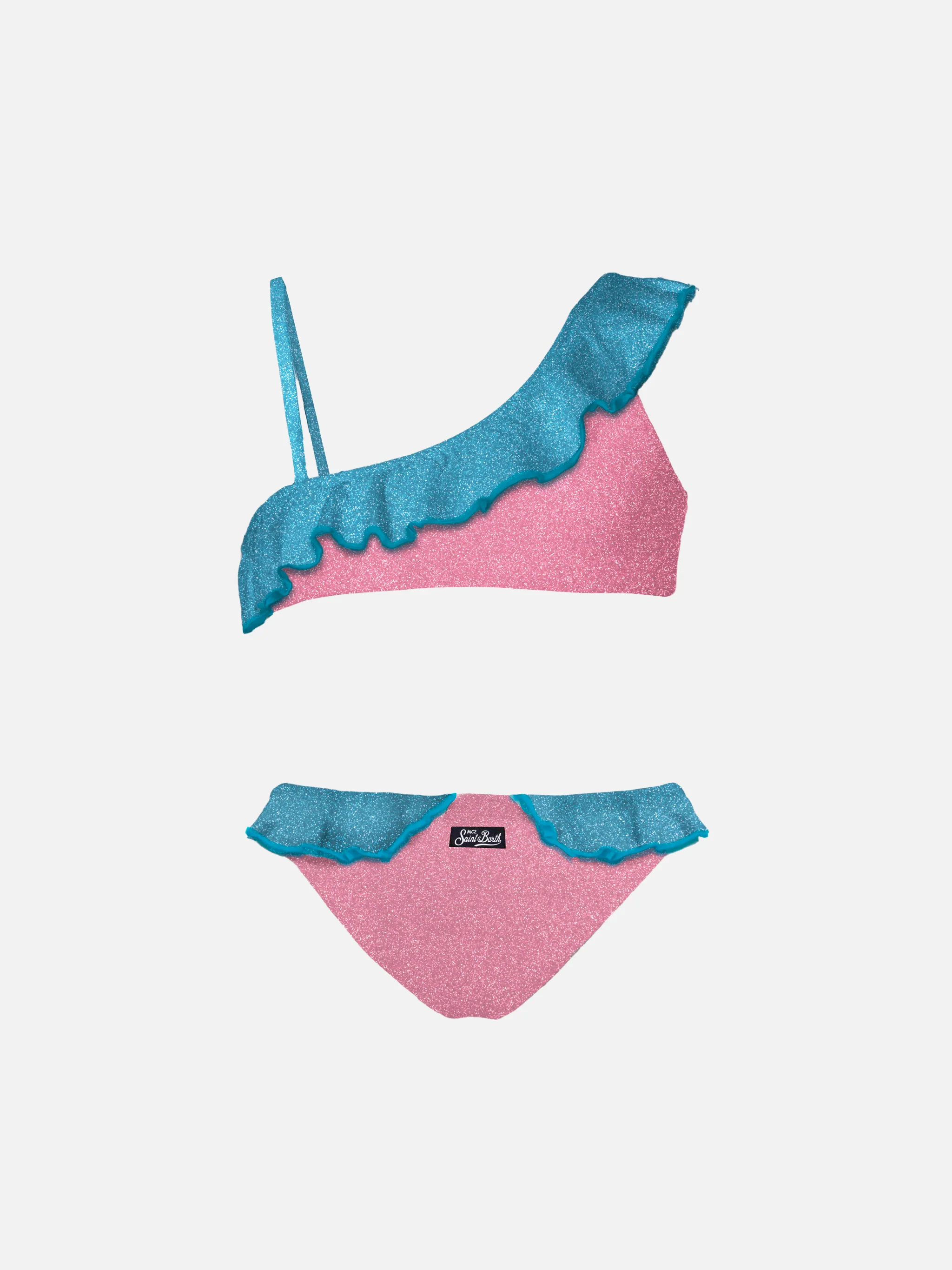 Piger bikini med én skulder og flæser i lurex