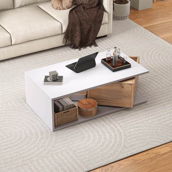 Table basse en bois 90 x 50 x 30 cm avec tiroir pivotant Table de salon avec espace de rangement ouvert Couleur blanche et bois