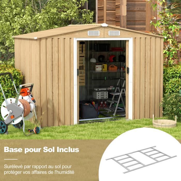 COSTWAY Gartenhaus aus verzinktem Metall, 5 m² (259 x 196 x 182 cm), mit Fundament, Schiebetüren und Handlauf, in Holzoptik