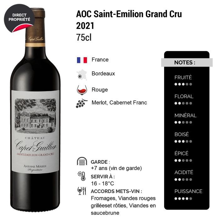 Château Capet Guillier Saint-Emilion Grand Cru 2021 - Vino Tinto Burdeos (3x75cl).
