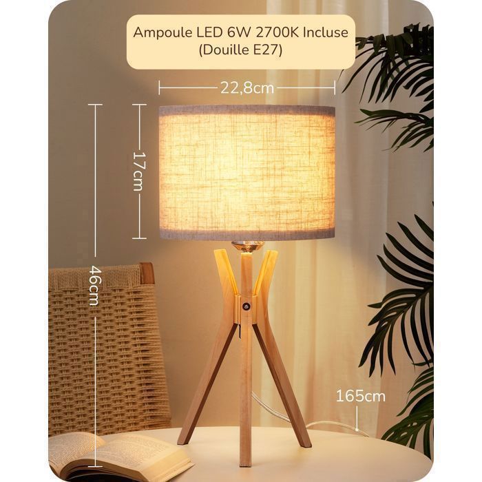 Luminária de mesa tripé EDISHINE com lâmpada LED E27, luminária de mesa moderna com 46 cm de altura, madeira e linho bege.