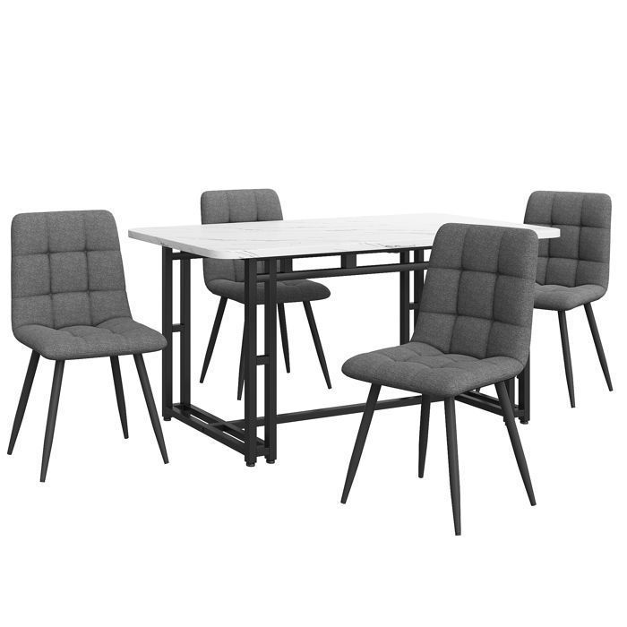 Schwarzer Esstisch (140 x 80 cm) mit 4 Stühlen, modernes Küchen-Esszimmer-Set, dunkelgraue Leinenstühle, Tisch