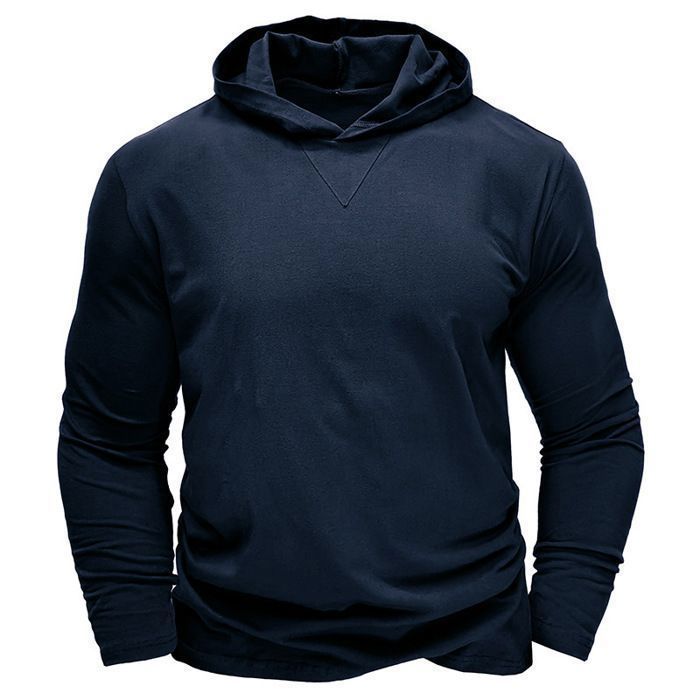 Men's Long Sleeve Hooded T-Shirt, Casual Style T-Shirt in Solid Color - Blue