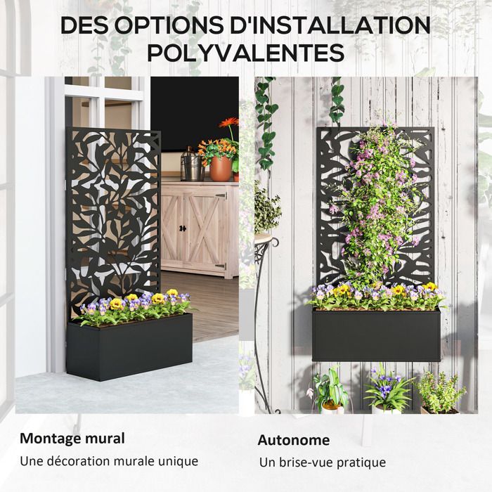Macetero Outsunny con celosía como panel de privacidad, rectangular, de metal, 61 x 23 x 113 cm, negro.