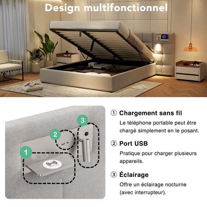 Cama de 180x200 con base de láminas y puerto USB, cama king size para 2 personas con almacenamiento, lámpara de lectura, cabecero largo, respaldo alto, lino, gris.