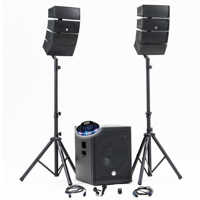 Sistema audio DJ completo da 1200 W BM SONIC BMS-15-ARRAY-BT, include subwoofer da 38 cm, altoparlanti satellite con USB/Bluetooth, supporti per cavi e effetto luce.