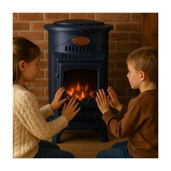 Poele à gaz 3,4KW Bleu Saphir Mat Effet poêle à bois Fonte véritable + Tuyau gaz + détendeur butane Provence Sahara