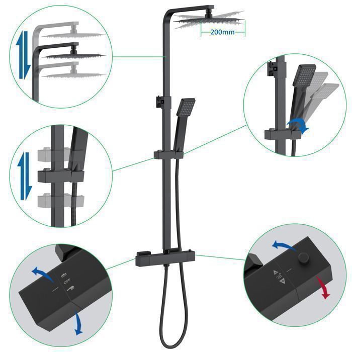 AICA thermostatic shower column, 38°C thermostatic shower set, flexible hand shower, height adjustable, black