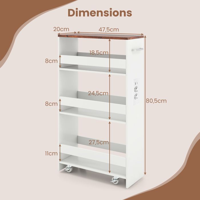 Carrinho de cozinha estreito GIANTEX com rodas - 47,5 x 20 x 80,5 cm - Estação de carregamento - Carrinho de servir com 4 níveis - Branco + Marrom