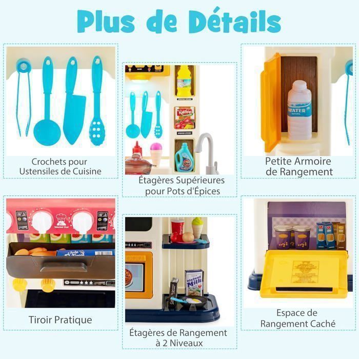 COSTWAY Kinderkeuken met 38 accessoires, speelkeukenset, realistische licht- en geluidseffecten, kerst-/verjaardagscadeau, geschikt voor kinderen vanaf 3 jaar, blauw